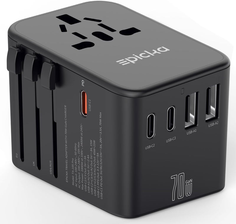 EPICKA Universal Travel Adapter, GaN International Plug Adapter with 3 USB-C 70W PD Fast Charging & 2 USB-A Adaptor All-in-one Wall Charger for USA EU UK AUS (TA-105 Pro, Black) - Image 1